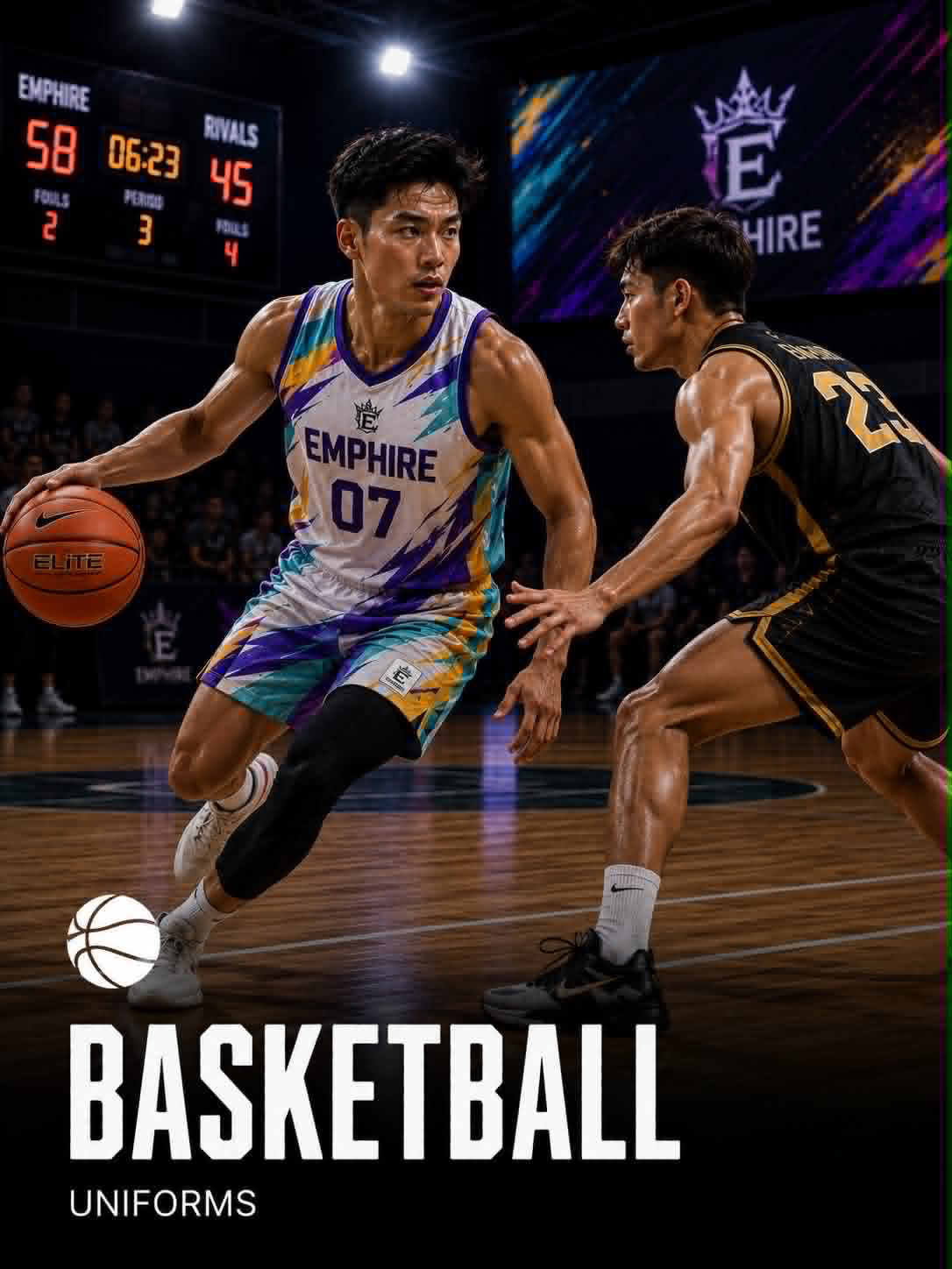 Basketball players wearing custom uniforms
